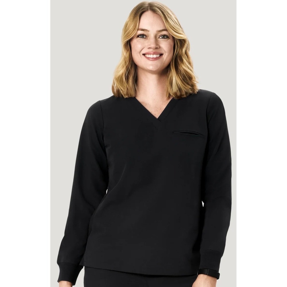 Mandala Womens Black Long Sleeve Scrub Top V-Neck Equa-Tek Size Medium